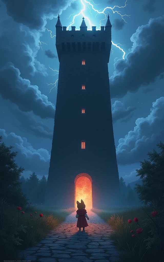 masterpiece:1.2， dark tower with high masonry standing in front of the tower、 lightning falling in the background,  and the storm is approaching ，  Details，((Ryumaki Arashi:1.3))，   high definition  ，  top quality，  cute little character 、Baby kitsune，塔の前で佇む，Wide angle