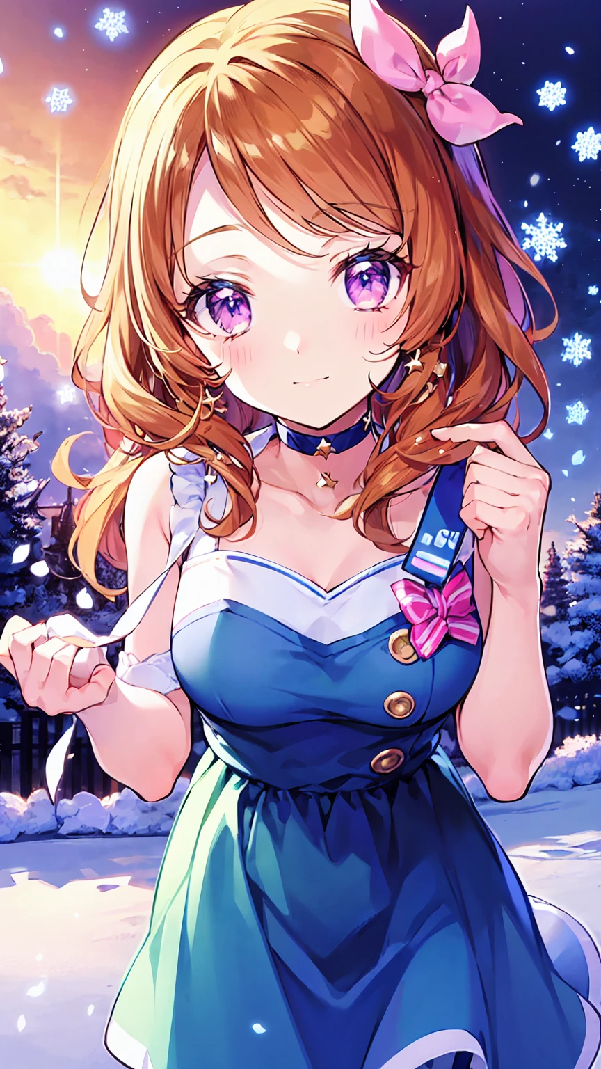  orange hair，One person， pink ribbon，Akari Ozora，((masutepiece)), ((Best Quality)), (Ultra-detailed), anime style ，Idol Academy ，consider，Aikatsu characters， Official Anime Item ， breast size is c cup，With a snowy night in the background，8k，4K，16k， high school idol ，Photo Collection，Face is front，Anime Coloring Book，She is 155 cm tall.， ichigo hoshimiya，Be aware of only the color scheme Giantess ， the best smile I can only show you，A scene from an anime，Natural skin color，Make the outline line natural，Clear Filters ，Clumsy  but hard work ，Workmanship not visible in the illustration，Face only、seed（2350895890）