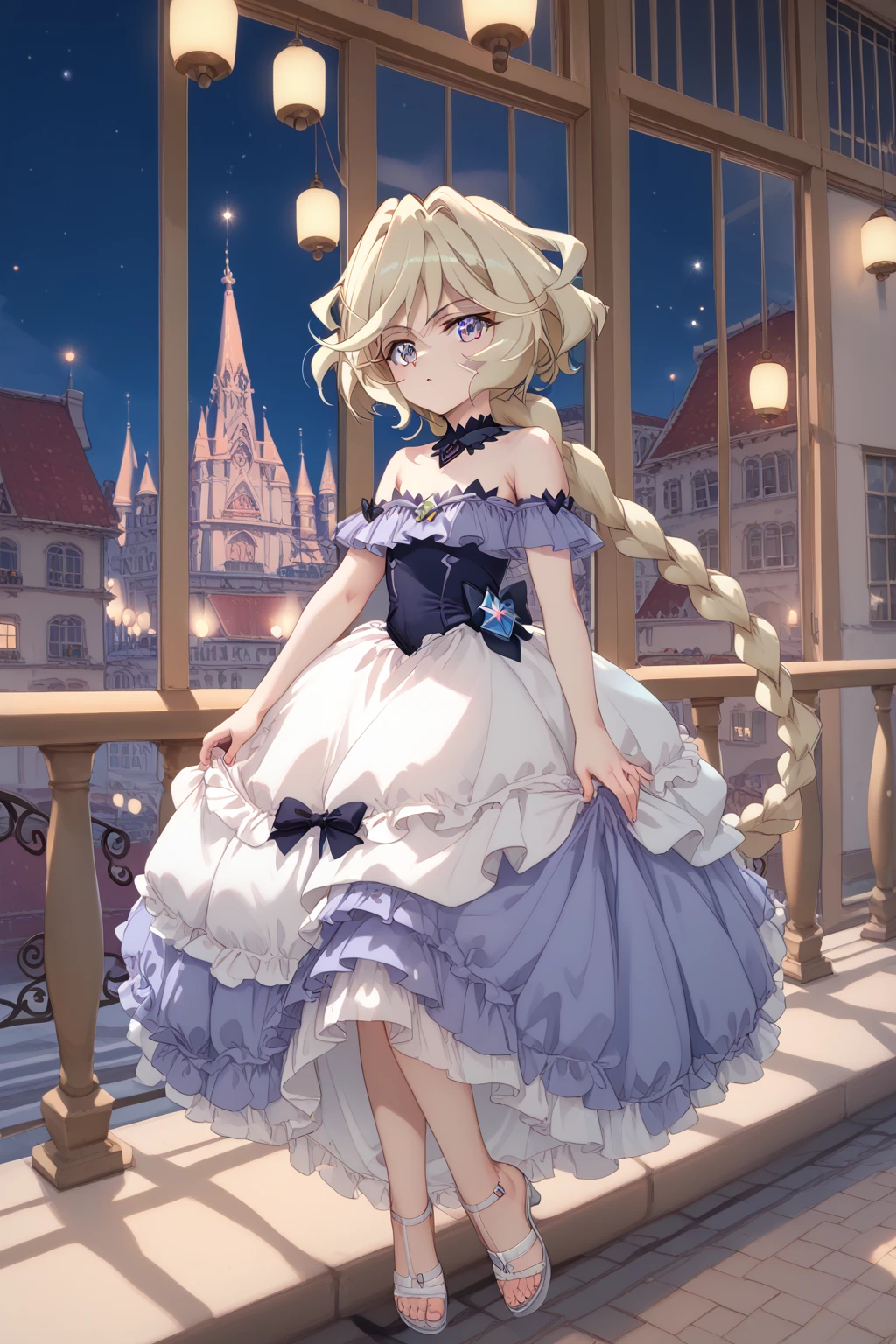 (Carol Malus Dienheim,symphogear),(braid long blondhair),One Girl,Pale skin,naked,(full length),Five fingers,Perfect hands,Masterpiece,she's wearing a gorgeous purple princess dress, night view on the roof of a building, lights,