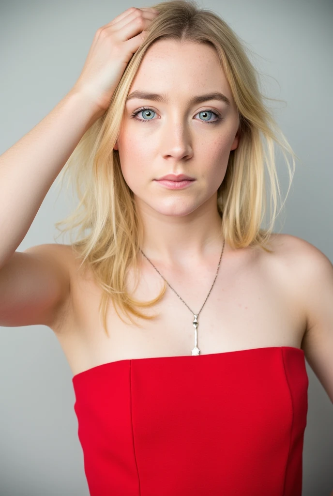 Saoirse Ronan, a photo, standing frontally,detailed face, red strapless dress, blonde bob cut straight hair with bangs fixing hair, biting lips