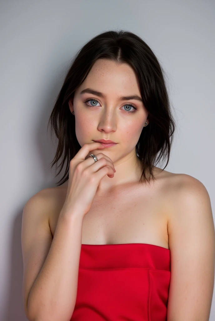 Saoirse Ronan, a photo, standing frontally,detailed face, red strapless dress, black bob cut straight hair with bangs, touching lips sensually 