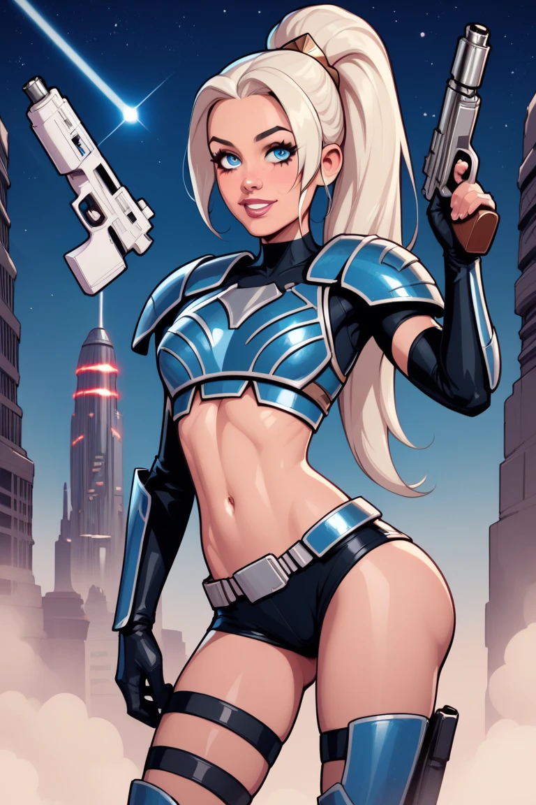 ((Highest quality)), ((young girl:1.5)), 18 year old, petite young gymnast, large perky breasts, ((skinny, skinny tight ass, thigh gap)), star wars mercenary, futuristic armor, chest armor, micro shorts, thigh high armored boots, two large hand guns, blue hair in a very long ponytail, facing viewer, sweet and alluring innocent, ((aroused expression)), star wars cityscape at night