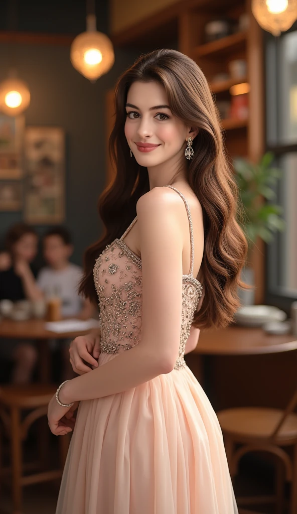 The is an image of a women, long brown hair cascading over her shoulders,  wearing a dress, standing in a cafe, smiling