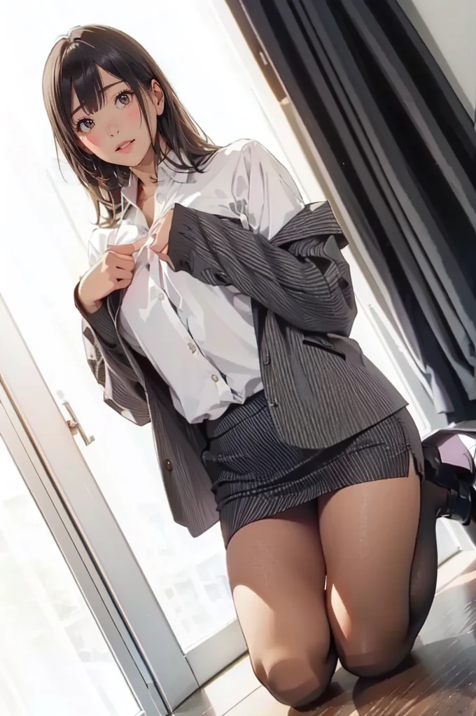   skirt and jacket is posing for a photo,   Sebastian Vranx in  , In a strict suit,  Girl in Suit , Office Wear,  wear a business suitいる, Dressed in a strict suit,  wear a business suitいる,  Girl in Suit ,  Thigh Length Socks and Skirt,  wear a business suit, Yoshitomo Nara,  Neat Outfit 