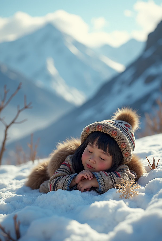 Japanese elementary school girl, off-shoulder, sweet expression, winter, Kluane National Park, Canada, snowy field
