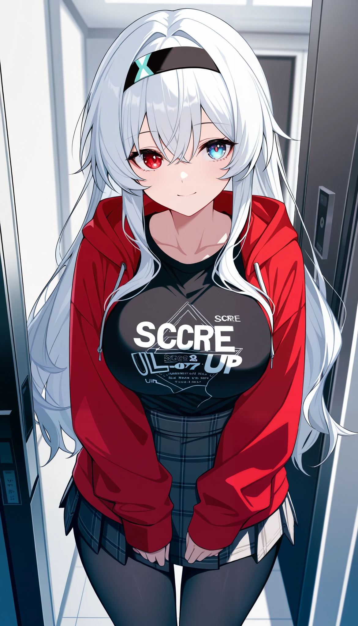 (best quality:1.3), (masterpiece:1.3), (illustration:1.3), (ultra-detailed:1.3), absurdres, 1girl, solo, heterochromia, red_eye, blue_eye, black_headband, white_hair, bangs, red_hoodie, open_hoodie, long_sleeve, graphic_t-shirt, tucked_in_shirt, large_breasts, tall, standing, long_hair, light_smile, skirt, pantyhose, (firefly_\(honkai:_star_rail\):0.7), cowboy_shot, indoors,