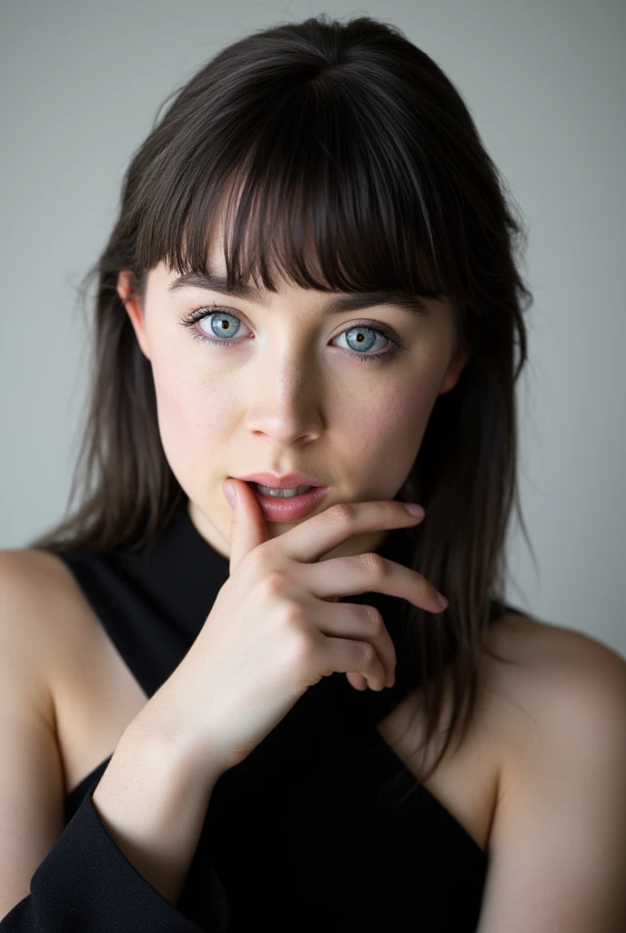 Saoirse Ronan, a photo, standing frontally,detailed face, black strapless dress, black bob cut straight hair with bangs, touching lips sensually 