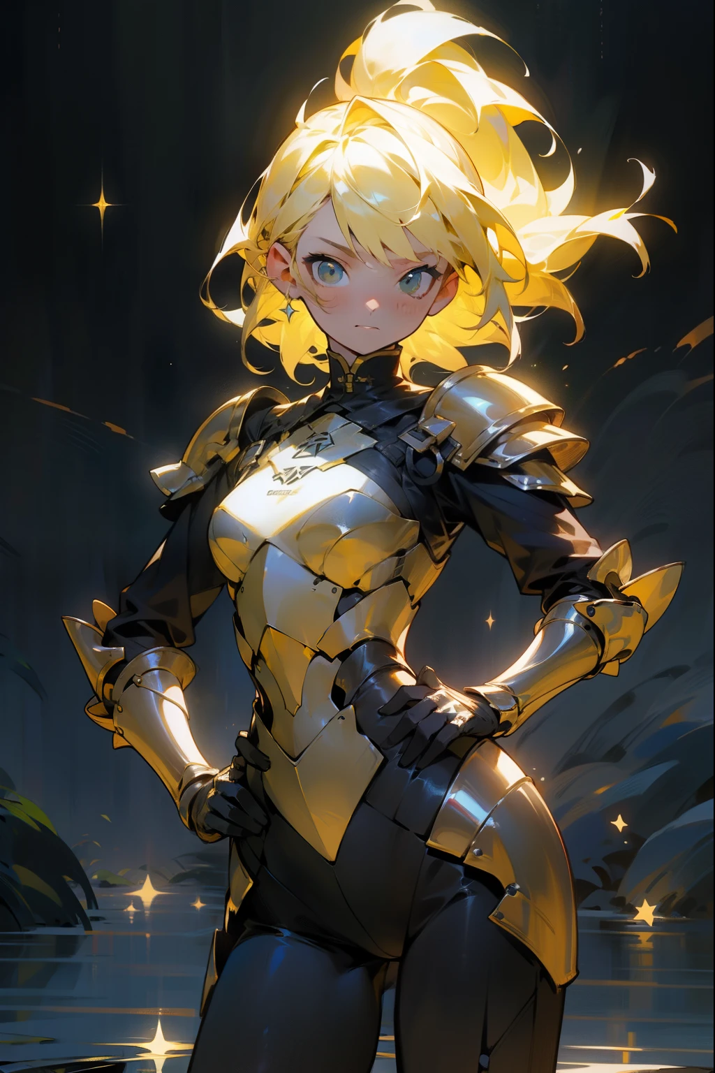  one woman、 One Woman , No Emotion、Fantastic look, masterpiece,  top quality,  high definition , One Woman 性, Alone,  yellow hair , place your hands on your hips 、armor、重いarmor、 place your hands on your hips、 One Woman 性,黒と黄色のarmor、 Alone,  yellow hair ,  dark background , starlight, star,