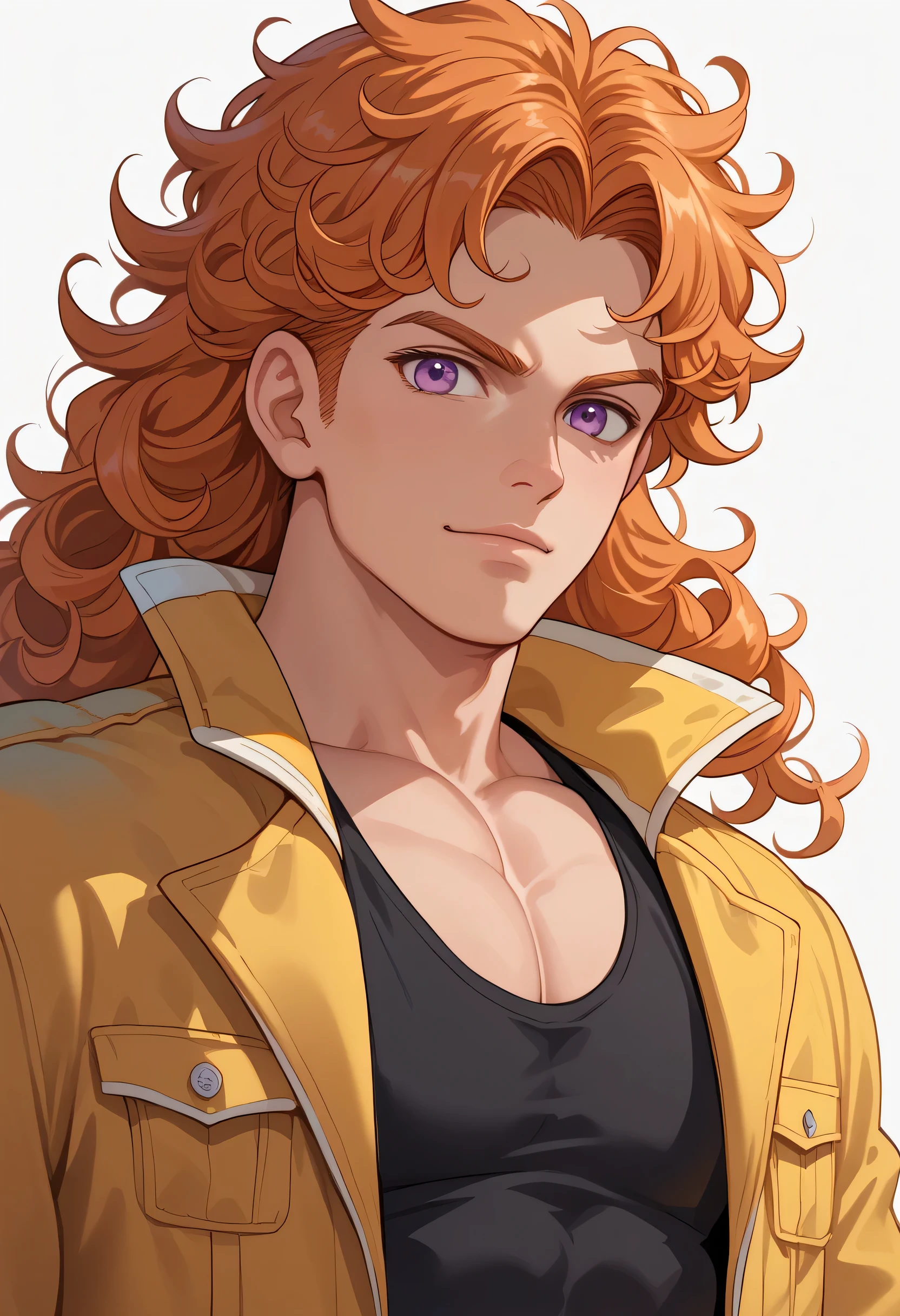 (masterpiece), best quality, high quality, 1 male, young adult, confident expression, pastel orange hair, long hair, messy half-curly hair, violet eyes, wearing a jacket with a black tank top, muscle body, muscle, upper body, simple background, looking ahead, portrait, face focus,   