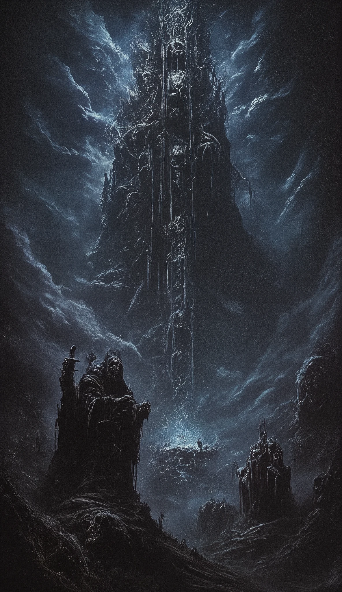 A dark, mysterious tower, highly detailed fantasy landscape, epic fantasy art, cinematic lighting, gloomy atmosphere, dramatic clouds, dark magic, mysterious portal, glowing runes, crumbling ruins, overgrown vines, moody color palette, dramatic chiaroscuro lighting, intricate architecture, imposing silhouette, foreboding presence, digital painting, concept art