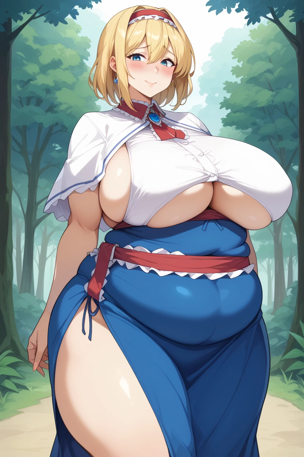  Alice Margatroyd, alice margatroid,  medium hair up to buttocks,  blonde hair ,  blue eyes, ,Red Hairband, , Frilled Headband , Red waist wrap with white frills ,　 Blue Dress ,
 white capelets ,  Blue Dress ,  Blue Long Skirt ,  score_9,   score_8_up,   score_7_up,   score_6_up,   score_5_up,   score_4_up,     Masterpiece  ,   top quality,   very aesthetic,   absurd,   source_Anime, Anime screencap,   one woman , Alone,  personal  ,  super huge breasts, ((( super huge clevis, super huge , super huge boob))), Curvy,  chubby, Mature Woman,  obese body type, blush, Shy woman,  stomach flesh sticking out of clothes,　 sloppy stomach , Three-section abdomen, Plump belly, Being in the forest, Road in the forest, I'm worried about belly fat ,  cleavage enhancement pose, 