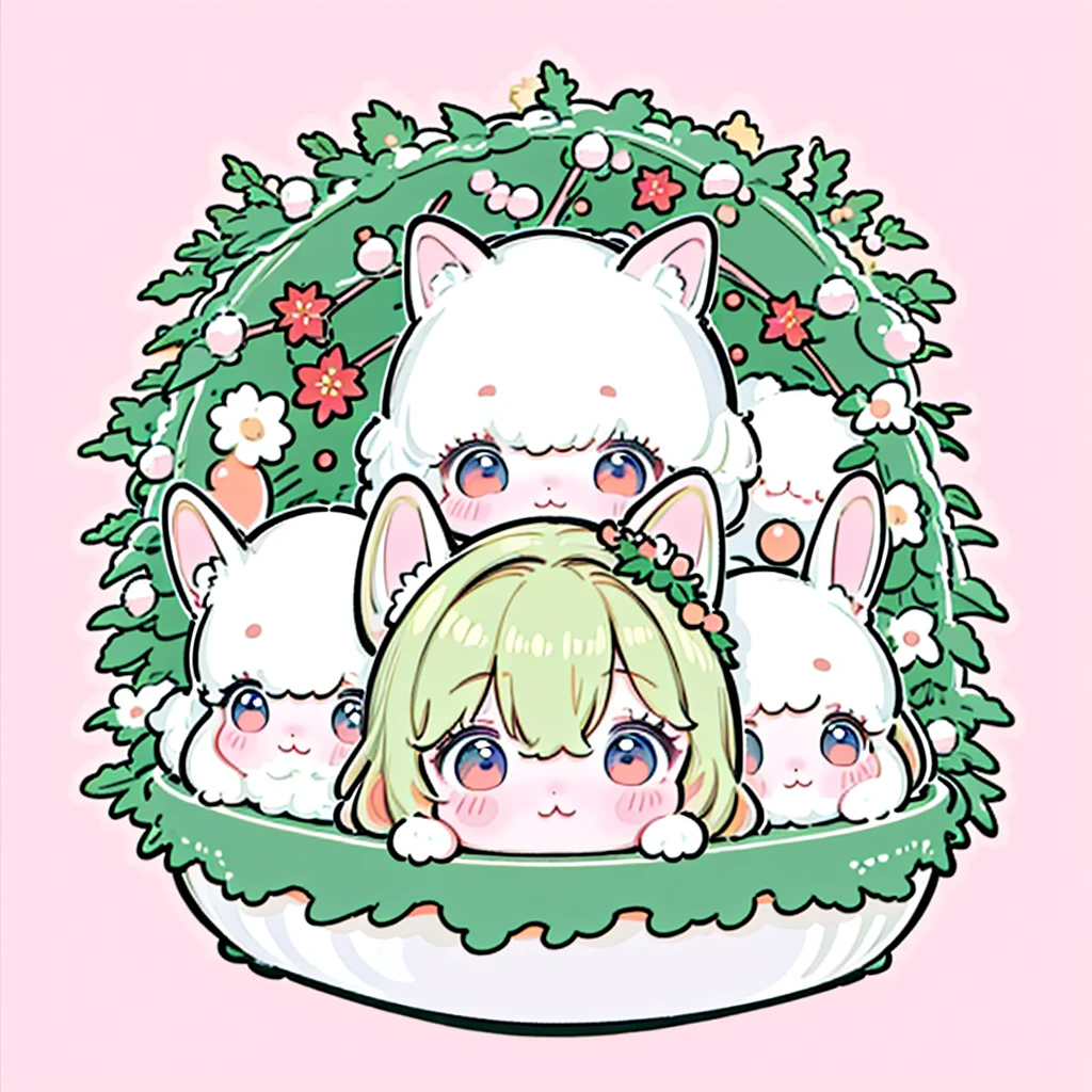 cute、Chibi、 Christmas wreath , pretty face、Baby Face、 cuteデザイン  ,   the most beautiful girl ever 、Chibi, (((Little rabbits   )))、   christmas illustration，  Christmas Winter Scenery ，Christmas food  ，   poinsettias  、 red and green neon colors 、