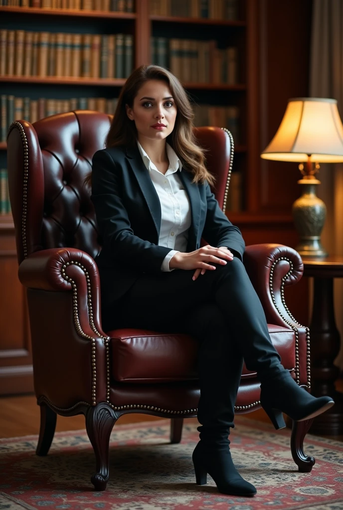 A real life photo of a powerful and confident businesswoman in a tailored suit with buttons undone. She is sitting on a leather chair in an elegant and sophisticated corporate setting.