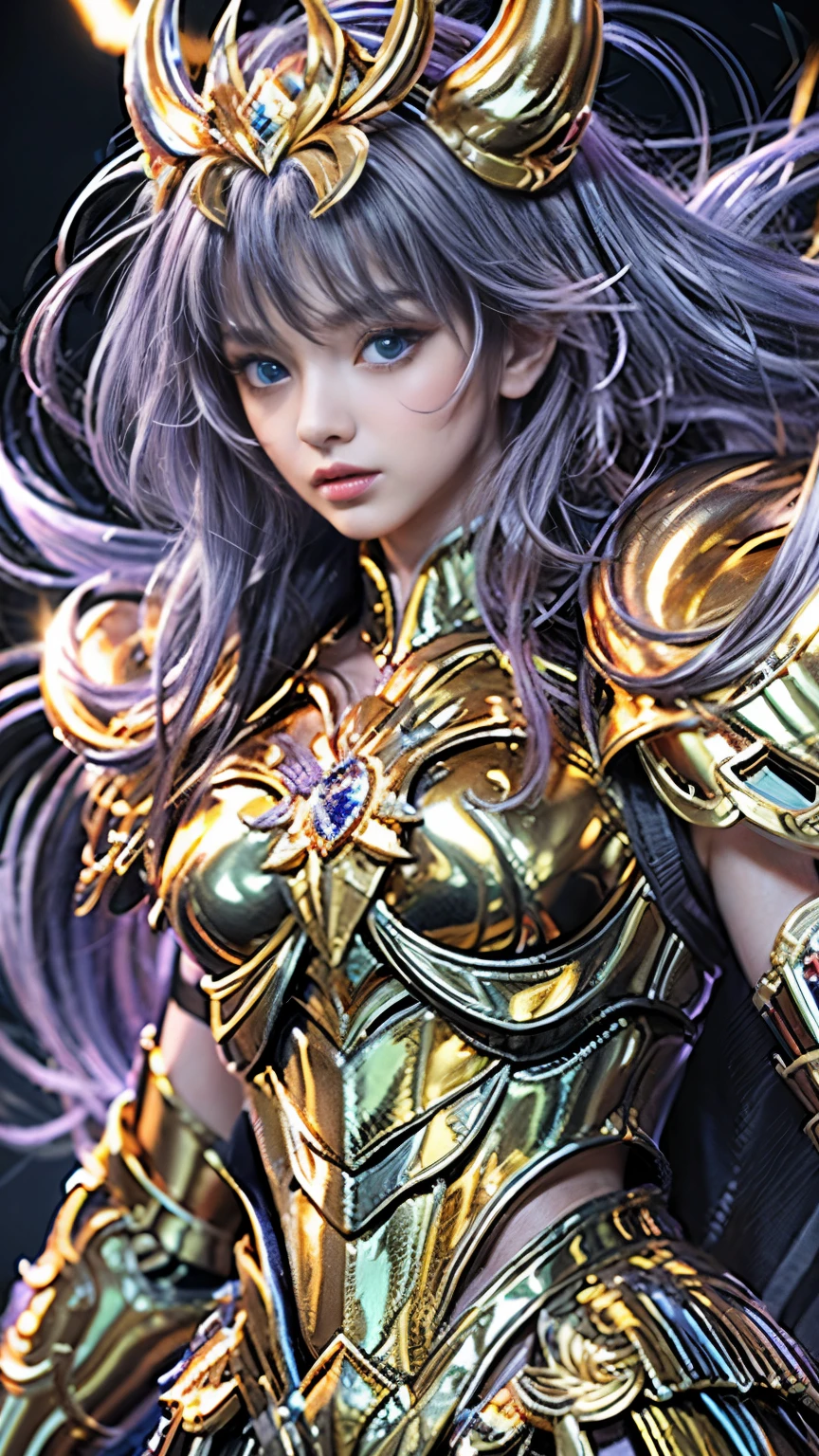 Super high saturation(masterpiece), Full body image,(Best quality), (1 girl),purple hair, Wearing shining golden armor, Sexy lingerie type armor,Show your breasts,Expose the waistline,Show your thighs,cool pose, Saint Seiya Armor, Messy hair,High Detail, anime style, Movie Lighting, spark, Divine Light, Ray Tracing, Film Grain, Ultra HD, textured skin, Super Detail, anatomically correct, high resolution,Super high saturation,High contrast,high gloss armor,Smooth skin,a sinister sneer,Realistically,(masterpiece,Top quantity,Best quality,official art,Beauty and aesthetics:1.2),Very detailed,Fractal art,Colorful, background Athena temple, sunny day, dynamic pose, highly detailed, cinematic