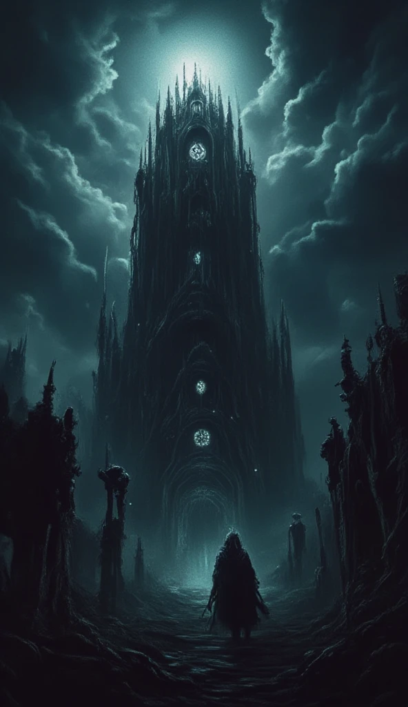 A dark, mysterious tower, highly detailed fantasy landscape, epic fantasy art, cinematic lighting, gloomy atmosphere, dramatic clouds, dark magic, mysterious portal, glowing runes, crumbling ruins, overgrown vines, moody color palette, dramatic chiaroscuro lighting, intricate architecture, imposing silhouette, foreboding presence, digital painting, concept art, chiaroscuro, UHD, retina, masterpiece, accurate, super detail, high details, high quality, award winning, best quality, highres, 1080P, HD, 16k