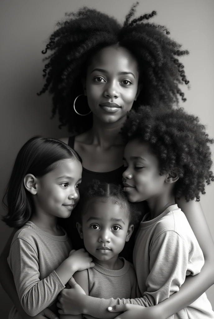 Drawing of a tall, thin Black woman with short, curly hair
Holding a Black baby on her head