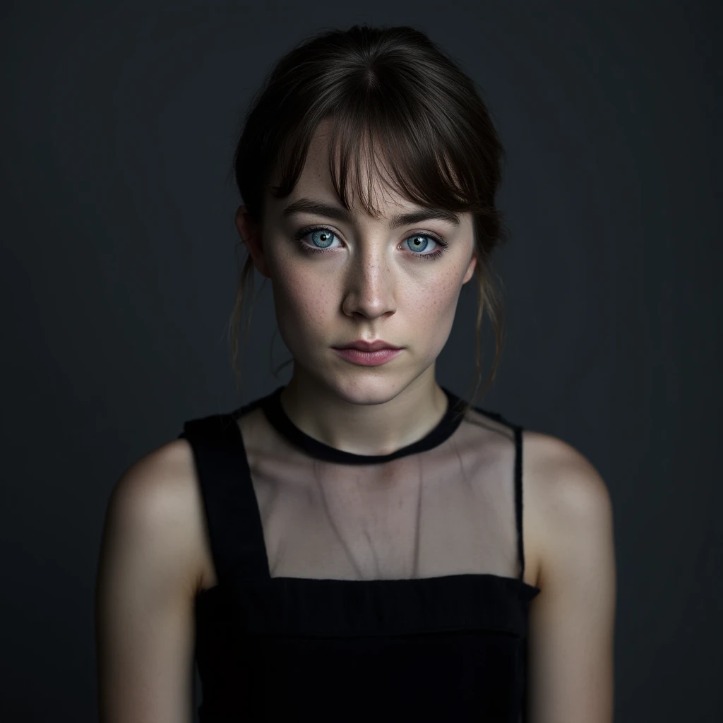 Saoirse Ronan, a photo, standing frontally,detailed face, black strapless dress, black bob cut straight hair with bangs, fixing hair, fierce glare