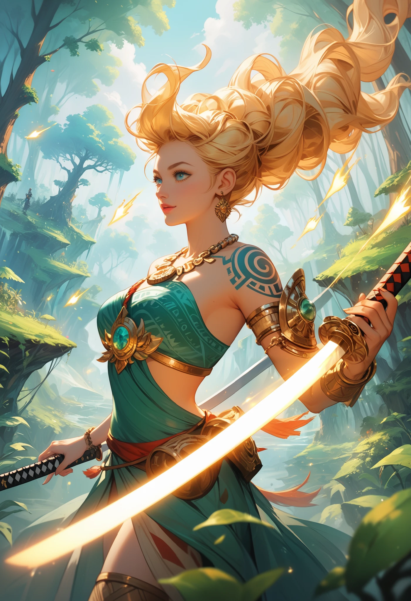 A breathtaking fantasy artwork showcasing a warrior standing amidst an enchanted forest. Their flowing robes combine intricate tribal designs with armor-like elements, and glowing tattoos illuminate their body. A radiant katana is held firmly, its energy blending with the mystical forest aura. The environment features lush vegetation, luminous fungi, and floating magical orbs that cast a surreal blue-green light. Golden sparks dance in the air, enhancing the ethereal atmosphere