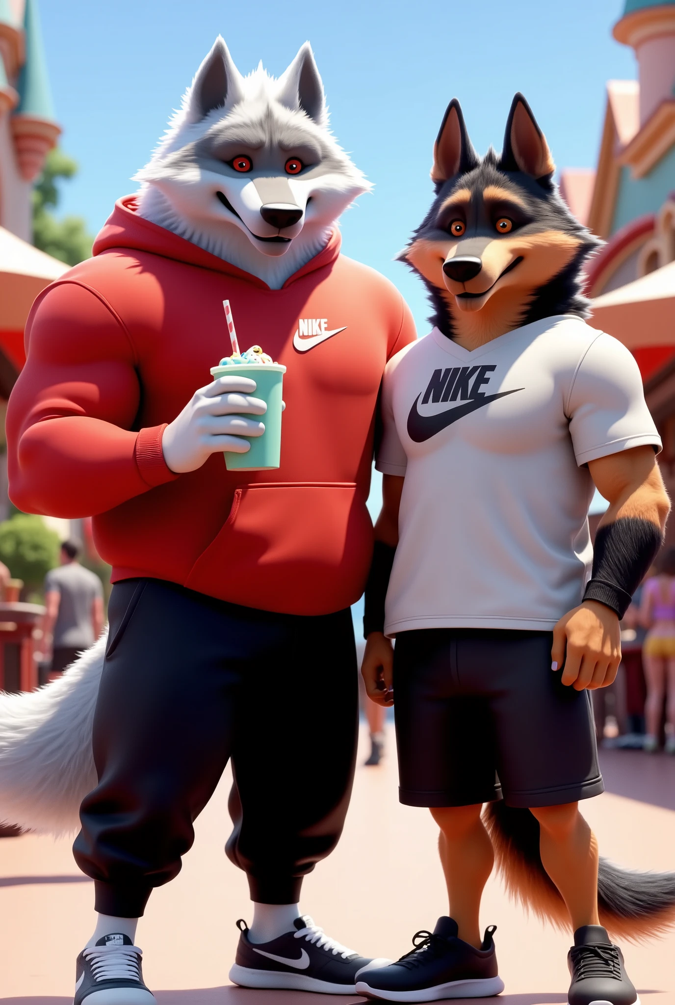 "Anthropomorphic adult male wolf, muscular build, standing outdoors in a lively Disney park, looking directly at the camera with a friendly and confident expression. He’s wearing a red Nike hoodie, paired with black Nike sweatpants that fit his strong physique. His footwear consists of sleek, modern Nike sneakers, completing the sporty, casual look. His fur is a mix of white and silver, and his red eyes glow with a warm, inviting vibe. He stands proudly, holding a milkshake in one hand, while the other rests casually by his side.

Beside him is his adult anthropomorphic German Shepherd friend, muscular build with classic black, tan, and white fur. The German Shepherd wears a Nike t-shirt and black Nike shorts, along with matching Nike sneakers. He holds a milkshake in one hand, and his posture is relaxed, standing confidently next to the wolf. The dog’s amber eyes gleam with friendliness, and his expression mirrors the wolf’s, both enjoying the fun moment together.

The background is set in a cheerful Disney park, with vibrant colors, iconic attractions, and people in the distance, adding to the lively atmosphere. The scene captures the two characters in a joyful moment, sipping milkshakes and enjoying each other’s company in the magical setting.

Style: Hyperrealistic 3D rendering with detailed textures and realistic lighting. The sunlight filters through the scene, casting soft shadows and highlighting the characters' muscular builds, as well as their sporty, casual Nike outfits. The park’s colorful backdrop adds a sense of wonder and playfulness to the scene."