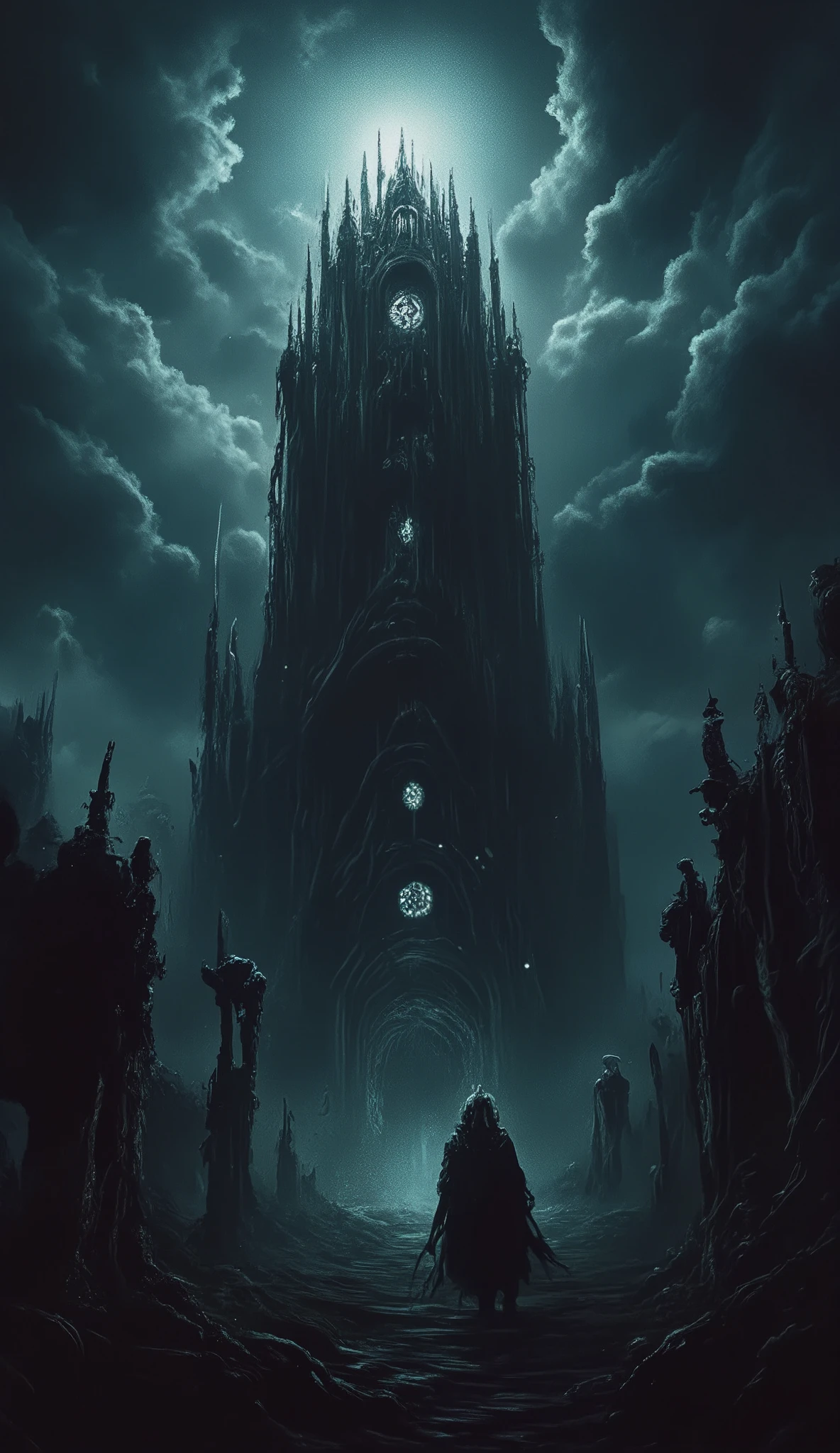 A dark, mysterious tower, highly detailed fantasy landscape, epic fantasy art, cinematic lighting, gloomy atmosphere, dramatic clouds, dark magic, mysterious portal, glowing runes, crumbling ruins, overgrown vines, moody color palette, dramatic chiaroscuro lighting, intricate architecture, imposing silhouette, foreboding presence, digital painting, concept art, chiaroscuro, UHD, retina, masterpiece, accurate, super detail, high details, high quality, award winning, best quality, highres, 1080P, HD, 16k