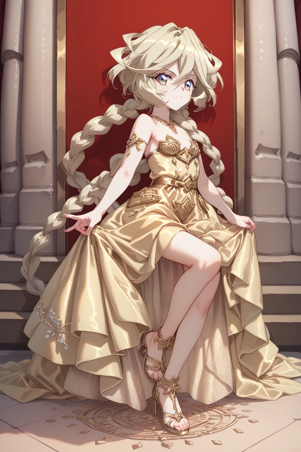 (Carol Malus Dienheim,symphogear),(braid long blondhair),One Girl,Pale skin,naked,(full length),Five fingers,Perfect hands,Masterpiece,she's wearing a gold Chinesedress,Chinese seraglio,