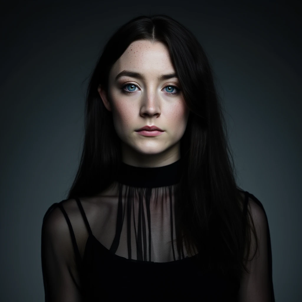 Saoirse Ronan, a photo, standing frontally,detailed face, black strapless dress, black bob cut straight hair with bangs, fixing hair, fierce glare