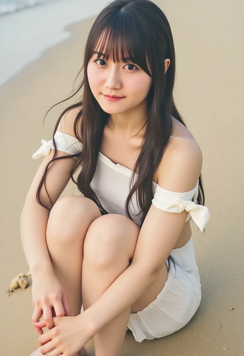 Beauty、Real、cute、Long Black Hair、White-skinned Japan people、Seaside、one piece、Sitting with legs crossed