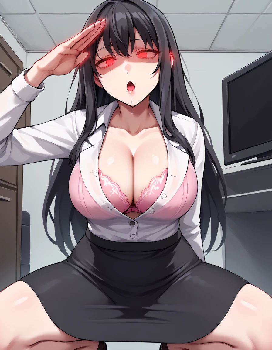 Masterpiece,source_anime,A Solo matured woman,looking straight forward,black hair,straight long hair,large breast,business suits,tight skirt,unbuttoned,cleavage,pink bra,squatting on floor,dazed,BREAK,(glowing red eyes),empty eyes,half closed eyes,cross3d_3y3s,salute,chestnut mouth,open mouth,drooling,saliva,salivatrail,in office,night outside,cowboy shot,from below