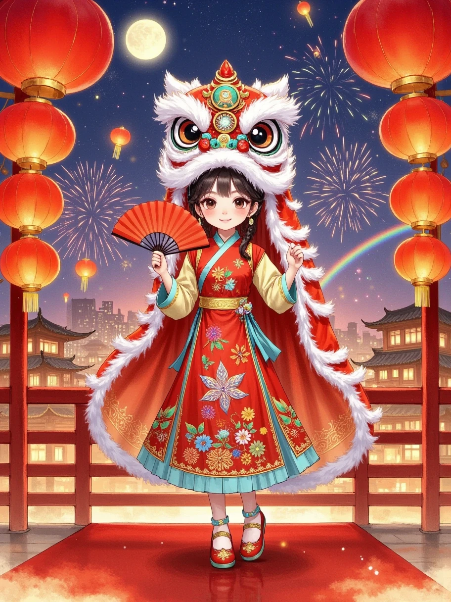  Extreme Details ，CNY，红lantern，festive atmosphere ，Night landscape ， cityscape ，Traditional decoration ， rich details，Bright colors，Fireworks， Happy festivities ，gorgeous，painting， Digital Art， conceptual art ，illustration，8k， red background，CNY装饰，gem，Moon Rainbow，lantern，Chinese elements， The scene is filled with warm shades of red and orange， Full Details，beauty，20 years old，1 Girl，Full body shot， with a lion dance on her head ，Long eyelashes， crystal eyes ， exquisite facial depiction ，Holding a fan， She wears traditional Chinese costumes ， The clothes have exquisite patterns embroidered on the Chinese New Year ， The smooth lines outline her graceful figure ， she wears a delicate pair on her feet Embroidered shoes ， Delicate embroidery on the upper ， Complements the overall outfit ， In the scene ，周围装饰着lantern， uses watercolor style and ink painting techniques ， to show the festive atmosphere of the New Year 。Traditional Chinese lion dance，Chinese Red，bold lines ， Anime style sketch hand-painted ， Soft light blue ， splashing alcohol effect ，Ink Drops， A colorful masterpiece of the highest quality 