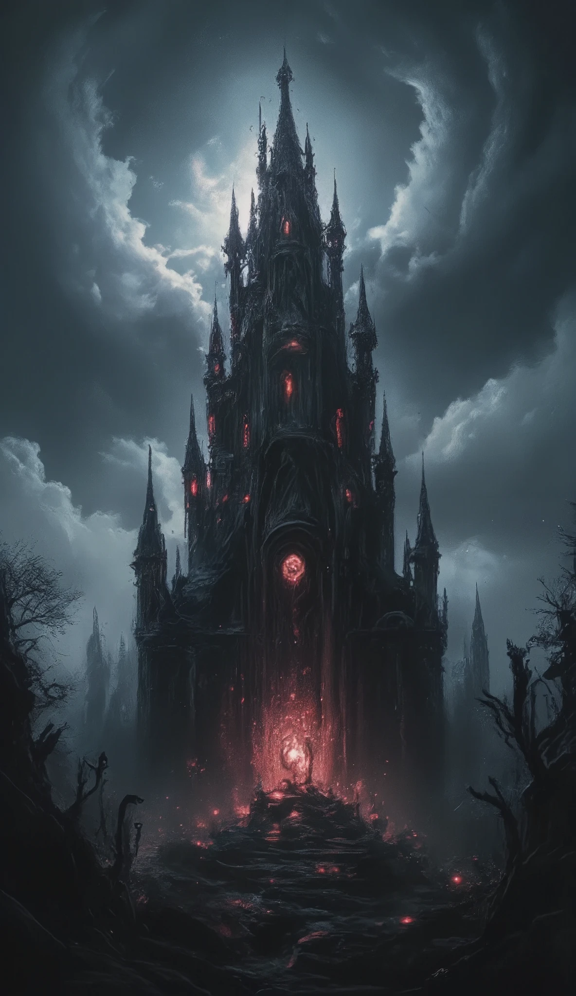 A dark, mysterious tower, highly detailed fantasy landscape, epic fantasy art, cinematic lighting, gloomy atmosphere, dramatic clouds, dark magic, mysterious portal, glowing runes, crumbling ruins, overgrown vines, moody color palette, dramatic chiaroscuro lighting, intricate architecture, imposing silhouette, foreboding presence, digital painting, concept art