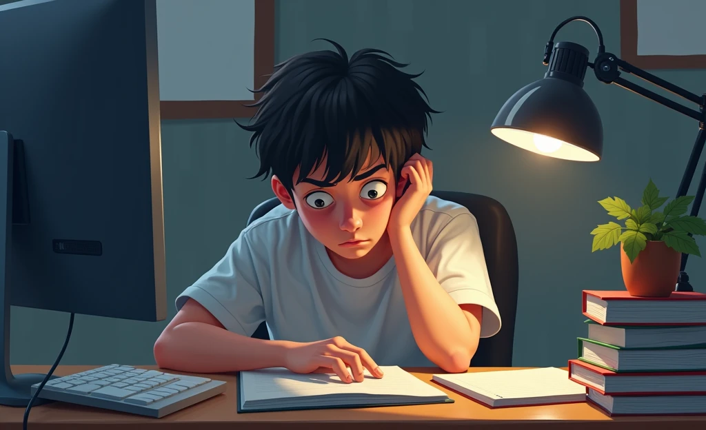 One fine evening. A boy sitting on chair who weared a t-shirt named Astronomy. A white colour telescope on his table's corner. A book on his table named
Psychology . Some mathematical instruments on the table. The boy is looking at the book and solving trigonometry problem.