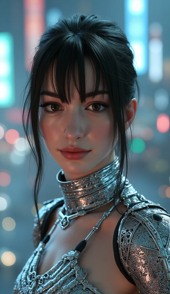 ((top-quality)), ((​masterpiece)), (detaileds:1.4), 3D, Beautiful Cyberpunk Woman Image,HDR(HighDynamicRange),Ray traching,NVIDIA RTX,Hyper-Resolution,Unreal 5,sub-surface Scattering,PBR Texturing,Postprocess,Anisotropy Filtering,depth of fields,Maximum clarity and sharpness,multi-layer texture,Albedo and specular maps,Surface Shading,Accurate simulation of light-material interactions,perfectly proportions,Octane Rendering,Two-tone lighting,Wide aperture,Low ISO,White Balance,thirds rule,8K RAW,Circuit Board AI,Silver Body、Metallic body