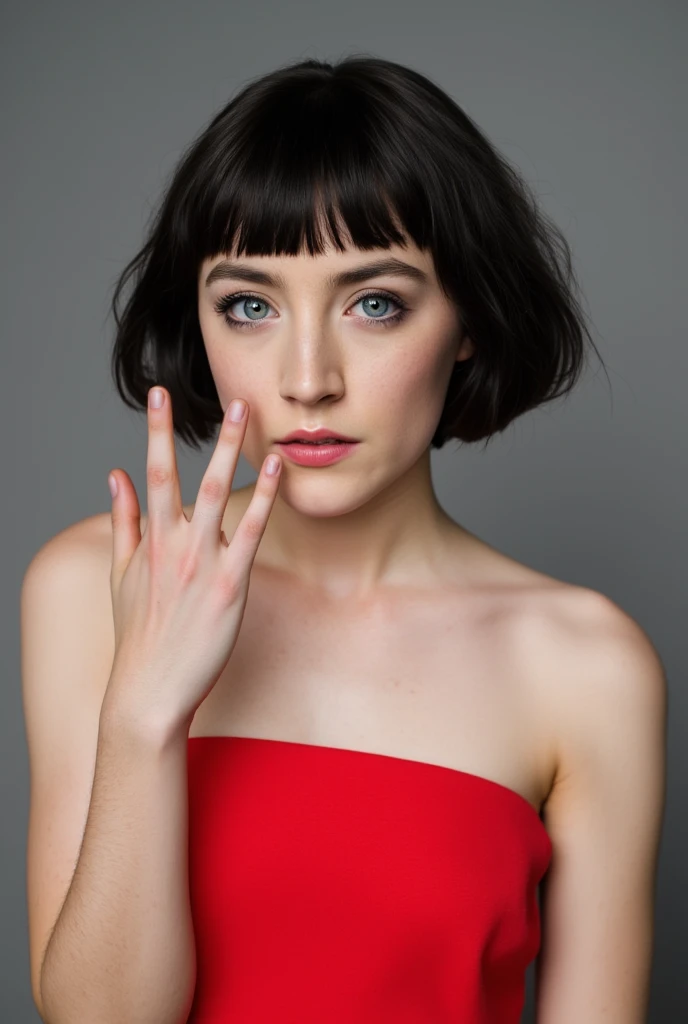 Saoitse Ronan, a photo, standing frontally,detailed face, red strapless dress, black bob cut straight hair with bangs, fierce glare, touching lips gently