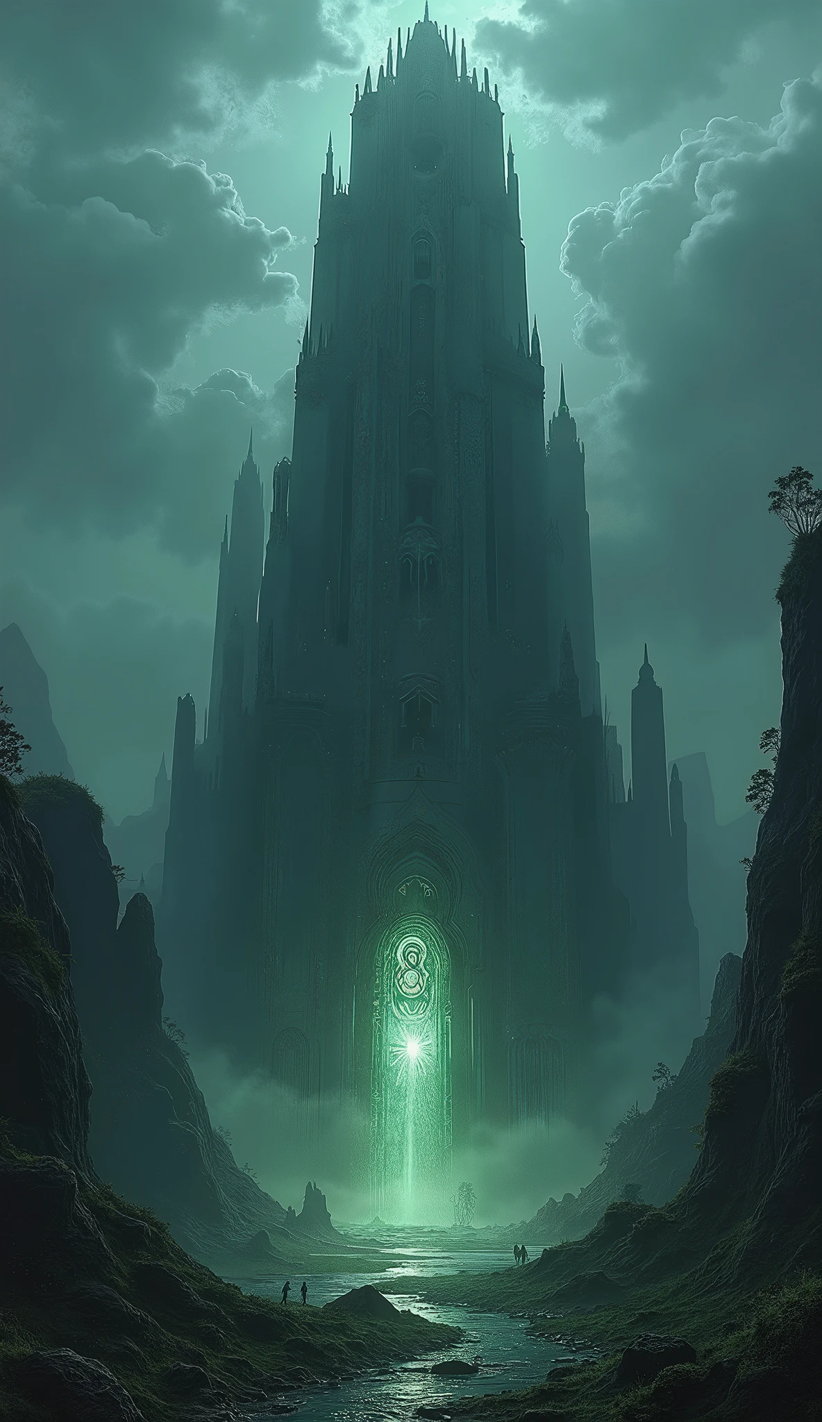 A dark, mysterious tower, highly detailed fantasy landscape, epic fantasy art, cinematic lighting, gloomy atmosphere, dramatic clouds, dark magic, mysterious portal, glowing runes, crumbling ruins, overgrown vines, moody color palette, dramatic chiaroscuro lighting, intricate architecture, imposing silhouette, foreboding presence, digital painting, concept art