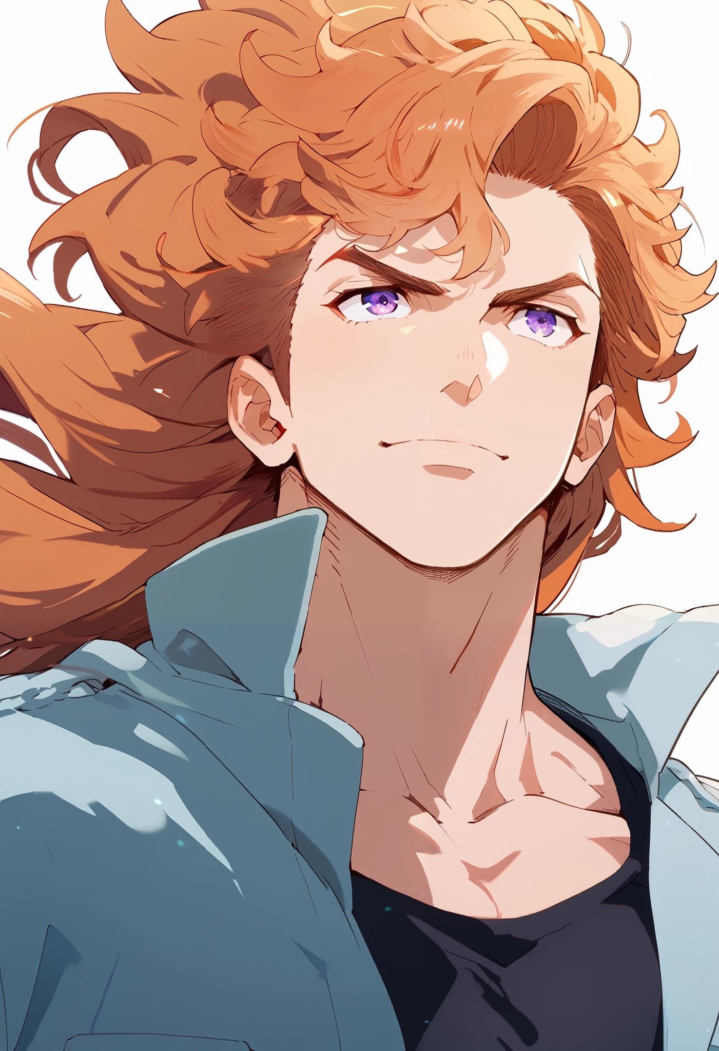 (masterpiece), best quality, high quality, 1 male, young adult, confident expression, pastel orange hair, long hair, messy half-curly hair, violet eyes, wearing a jacket with a black tank top, muscle body, muscle, upper body, simple background, looking ahead, portrait, face focus,   