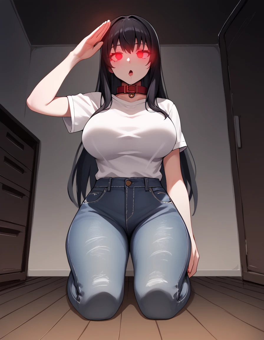 Masterpiece,source_anime,A Solo matured woman,looking straight forward,black hair,straight long hair,large breast,white T shirts,jeans,Kneeling on floor,red collar,dazed,BREAK,(glowing red eyes),empty eyes,half closed eyes,cross3d_3y3s,salute,chestnut mouth,open mouth,drooling,saliva,salivatrail,in living room,night outside,full body,from below