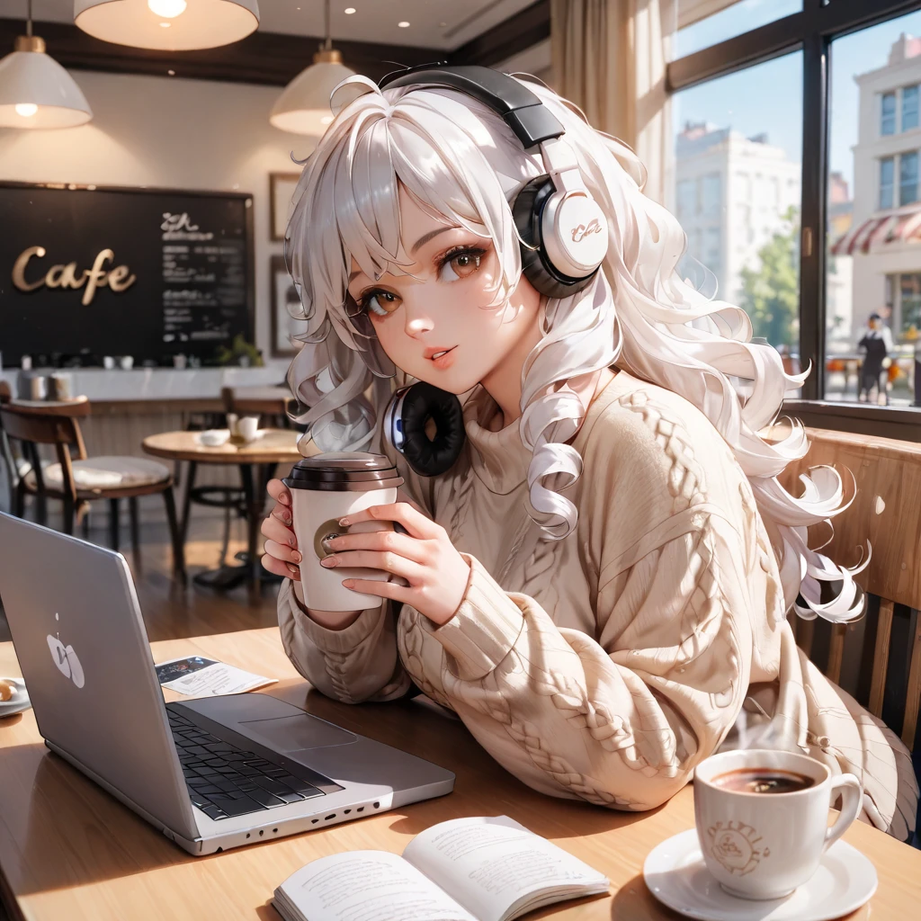 The most beautiful girl ever, Cafe、 headphones, white hair, Long Hair, High Resolution, High Resolution, High Details, brown eyes, messy curly hair, coffee, oversized sweater, laptop, Cafe, working on laptop, brown eyes, focused, Parted Lips, drinking coffee, art supplies on table, 