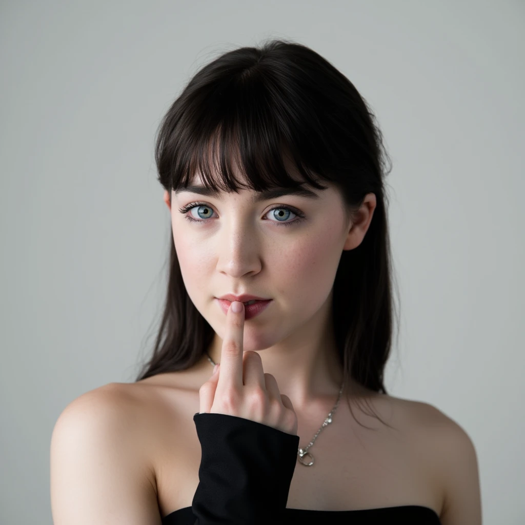 Saoirse Ronan, a photo, standing frontally,detailed face, black strapless dress, black bob cut straight hair with bangs, fierce glare, touching lips gently with a pointing finger 