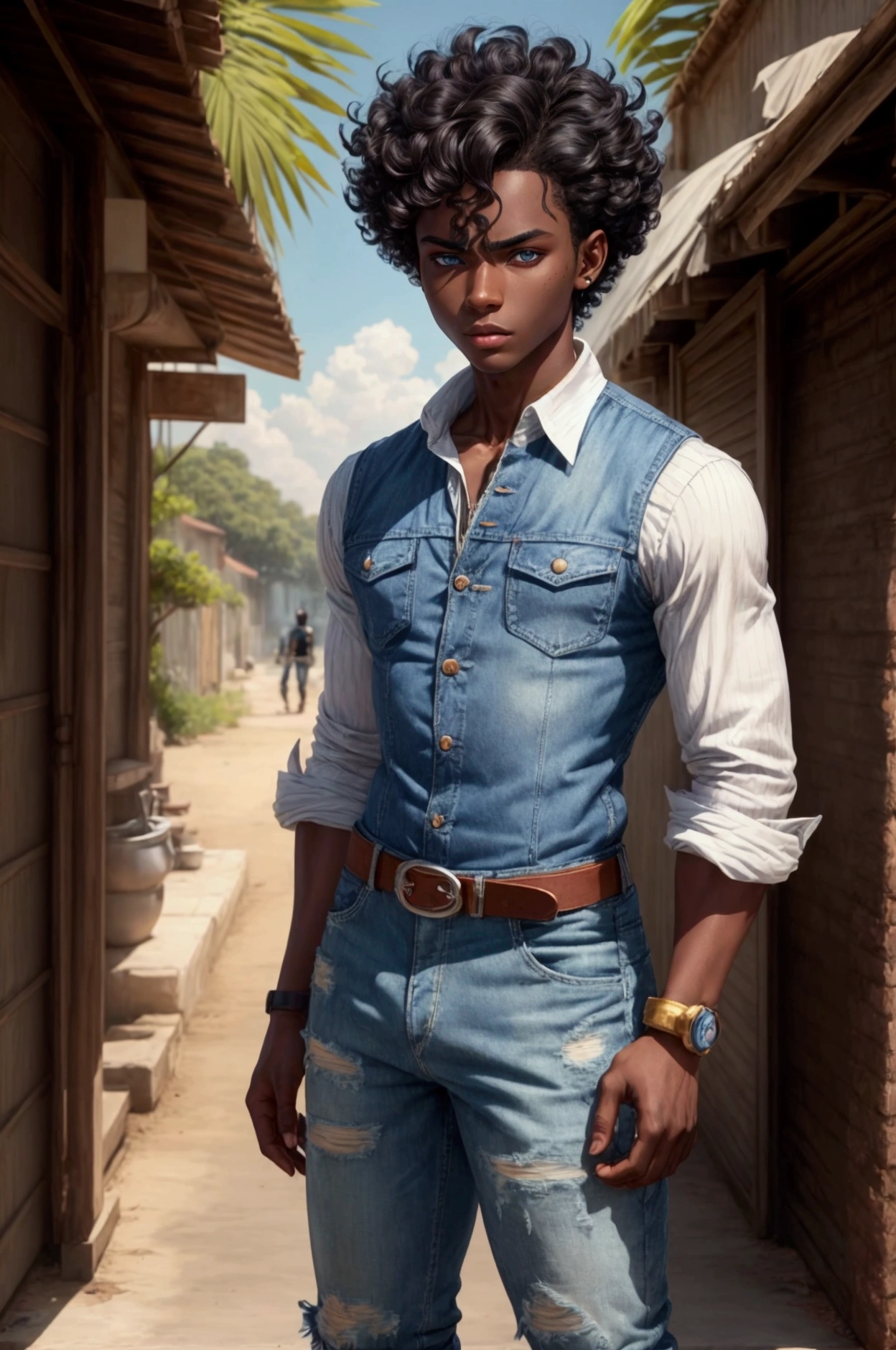 a highly detailed full body Photo of a young man with afro hair ,naked only with tight boxers that show a little male genitalia, and a white tank top, a woman in the background, ((extreme close up)), (pale), 1boy, solo, (Detailed Face), (perfect detailed eyes:1.1), (highly detailed skin:1.1), college guy, sliver necklace, tattoo on arm, male, slim, skinny, thin, lean, handsome African rock star,Black skinny boy, hot male waiter, perfect athletic body, shirtless, hairy legs, Modelshoot style, Professional Photography, PHOTOREALISTIC, Cinematic, Realistic, sunset, standing in many plants cafe background, real human skin, detailed skin pores, highly detailed eyes, detailed skin, skin texture, intricately detailed, fine details, RAW, analog, sharp focus, raw, 8k uhd, high resolution, DSLR, high quality, Fujifilm XT3, award winning, masterpiece he is wearing long pants, he is wearing black pajama, afro hair.in the sun side in Delhi India gate