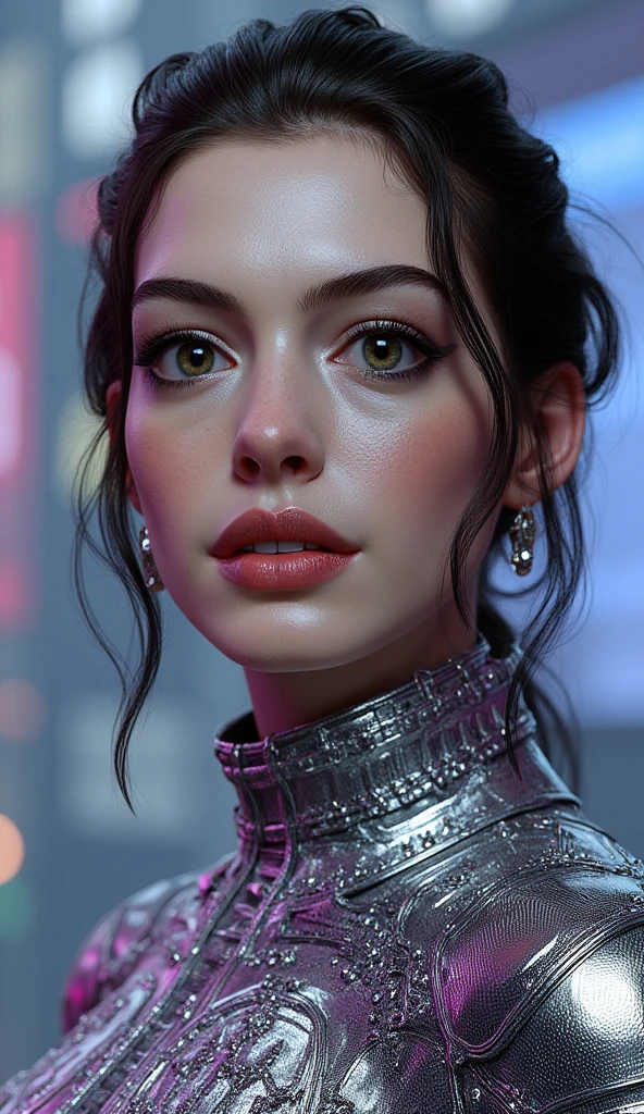 ((top-quality)), ((​masterpiece)), (detaileds:1.4), 3D, Beautiful Cyberpunk Woman Image,HDR(HighDynamicRange),Ray traching,NVIDIA RTX,Hyper-Resolution,Unreal 5,sub-surface Scattering,PBR Texturing,Postprocess,Anisotropy Filtering,depth of fields,Maximum clarity and sharpness,multi-layer texture,Albedo and specular maps,Surface Shading,Accurate simulation of light-material interactions,perfectly proportions,Octane Rendering,Two-tone lighting,Wide aperture,Low ISO,White Balance,thirds rule,8K RAW,Circuit Board AI,Silver Body、Metallic body