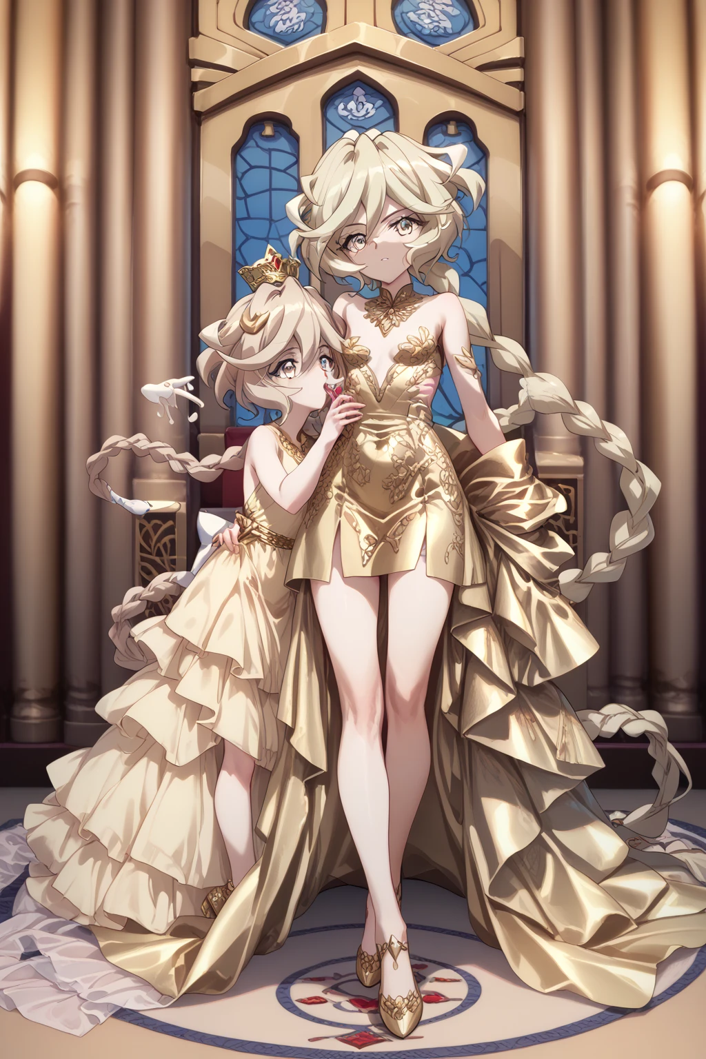 (Carol Malus Dienheim,symphogear),(braid long blondhair),One Girl,Pale skin,naked,(full length),Five fingers,Perfect hands,Masterpiece,she's wearing a gold cheongsam dress,chinese royal palace,