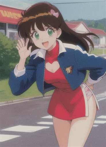 Asusdol,  1 girl, Alone, heart,  hair ornament,emerald green eyes,  short jacket,  dress, open mouth, 1990s ( style for stilets), looking at viewer, smile,  outdoor, null,  Cowboy Shot ,  clevis cut out,  race queen 、lean forward