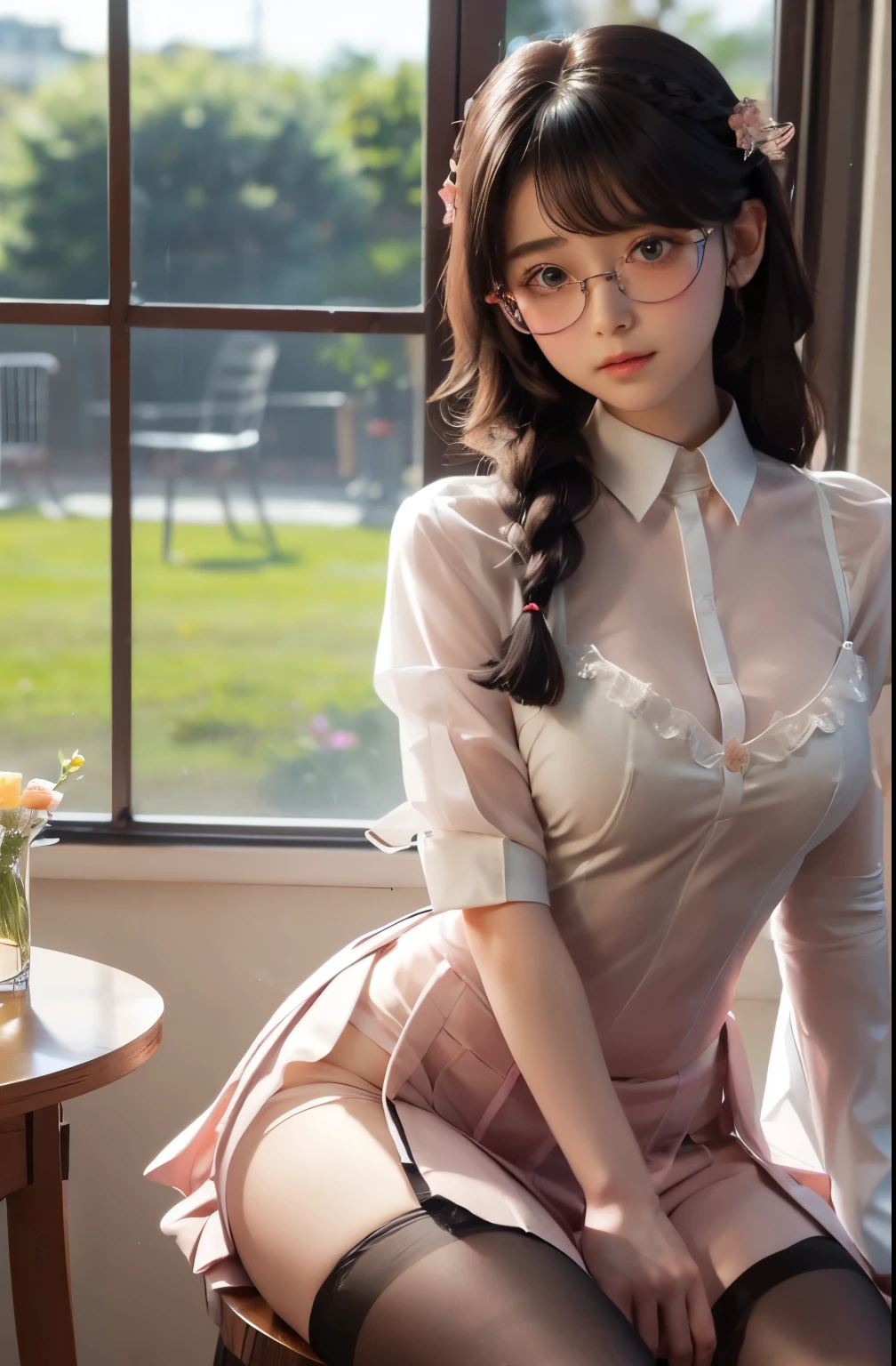 A girl in rain CG Unity 8k Wallpaper, in uniform school thin silk wet , open v chested bra, eyes realistic sizing, pleated skirt, (((round face, blush))), ((table corner is hit her crotch)), (precise depiction of (pubic hair) and panties), ribbon, (stylish glasses, braid) , cloth shirt vignette transparent fabric flower, A girl, cute l old, maturbate, big breast, sexy, short dress, twin tail, CG Unity 8k Wallpaper, The chest more exposed, detailed hair, bra purple, detail 8k, upper body, ignette transparent fabric flower, A girl, cute l old, maturbate, big breast, sexy, short dress black, twin tail, CG Unity 8k Wallpaper, in uniform school ignette transparent fabricthin silk wet ,open v chested petticoat, eyes realistic sizing, pleated skirt black, (((round face, blush))), ), , ribbon, (stylish glasses, braid) , cloth shirt vignette transparent fabric flower, fishnet stockings