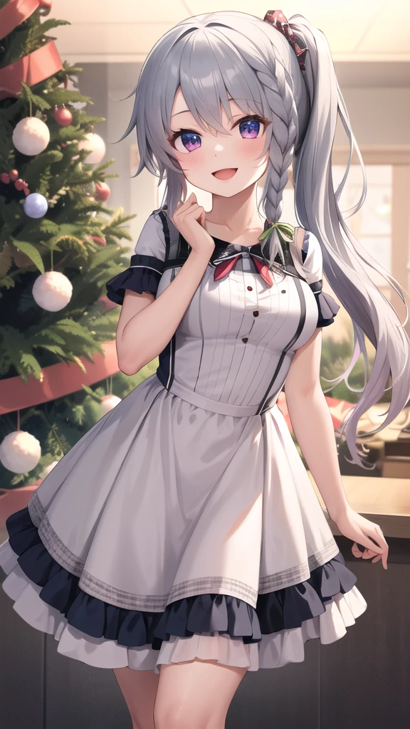 masterpiece, best quality, highres, aasora, braid, long hair, side ponytail, hair ribbon, merry christmas Dress, standing, smile, open mouth,