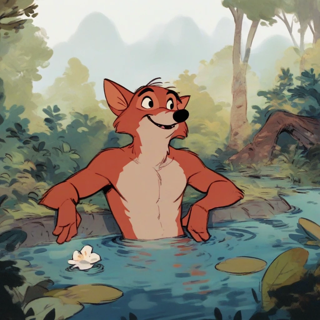 (robinhood:0.8) happy, naked, nude, bathing in lake, shirtless, 