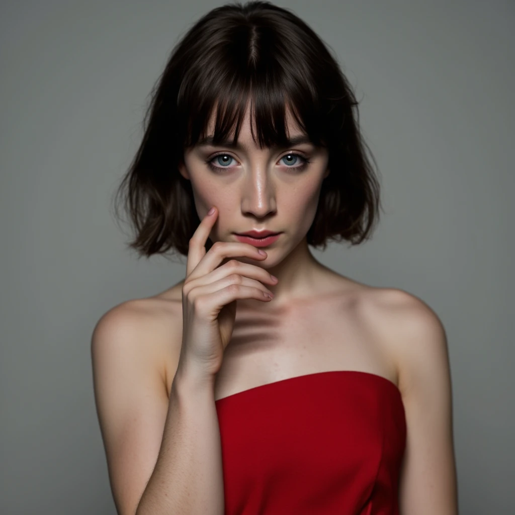 Saoirse Ronan, a photo, standing frontally,detailed face, red strapless dress, black bob cut straight hair with bangs, fierce glare, touching lips gently with a pointing finger 