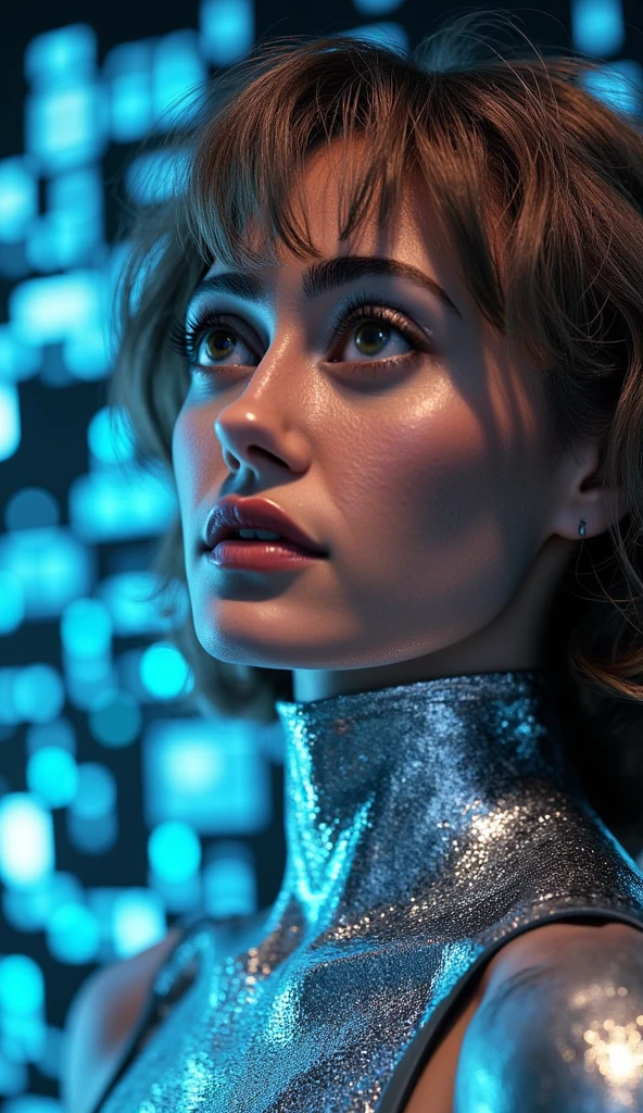 ((top-quality)), ((​masterpiece)), (detaileds:1.4), 3D, Beautiful Cyberpunk Woman Image,HDR(HighDynamicRange),Ray traching,NVIDIA RTX,Hyper-Resolution,Unreal 5,sub-surface Scattering,PBR Texturing,Postprocess,Anisotropy Filtering,depth of fields,Maximum clarity and sharpness,multi-layer texture,Albedo and specular maps,Surface Shading,Accurate simulation of light-material interactions,perfectly proportions,Octane Rendering,Two-tone lighting,Wide aperture,Low ISO,White Balance,thirds rule,8K RAW,Circuit Board AI,Silver Body、Metallic body