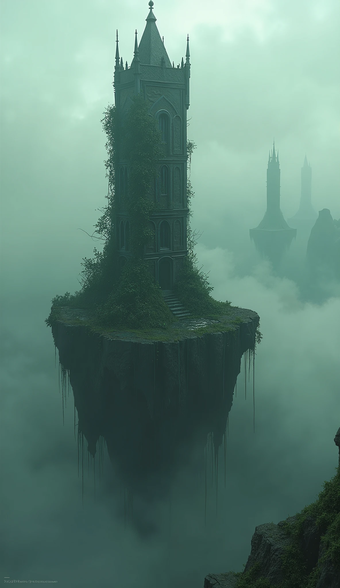 A dark, mysterious tower, highly detailed fantasy landscape, epic fantasy art, cinematic lighting, gloomy atmosphere, dramatic clouds, dark magic, mysterious portal, glowing runes, crumbling ruins, overgrown vines, moody color palette, dramatic chiaroscuro lighting, intricate architecture, imposing silhouette, foreboding presence, digital painting, concept art