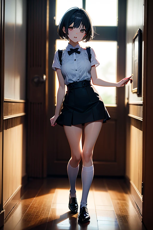 Masterpiece, quality, high resolution, ray tracing, calm room, vegetation around, girl 1, black hair, short hair, disheveled hair, 19 years old, 168 cm, middle of chest, chest groove, full body, slender, thin waist, thighs, calves, beautiful legs, beautiful arms, beautiful eyes, well-formed features, cute, indoors, miniskirt, tight clothes, see-through, black tights, depiction in motion, pleated skirt, no shoes, cute clothes,