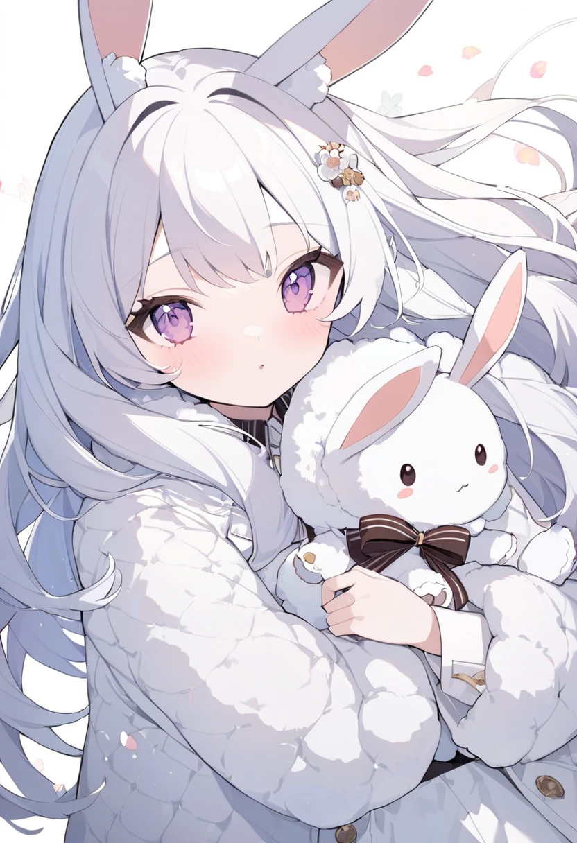 1 girl、white boa coat、Holding a doll(rabbit)